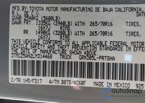 2020 Toyota Tacoma Trd Off-Road из США, поврежденный, VIN 3TMCZ5AN2LM314468